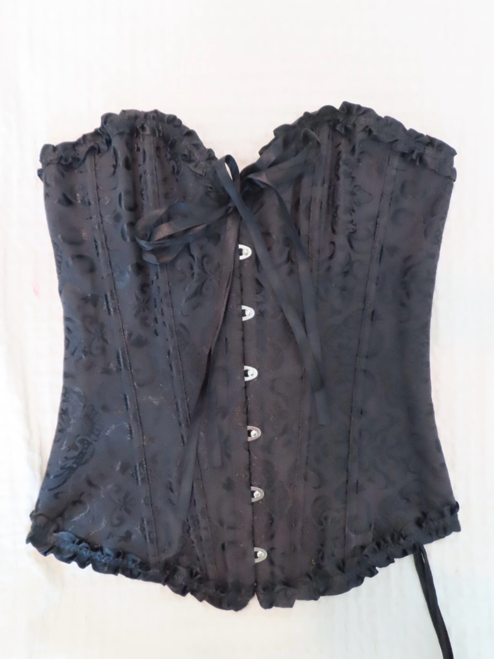 Black Jacquard Satin Overbust Boned Corset Lace-Up Back Hook & Eye, S